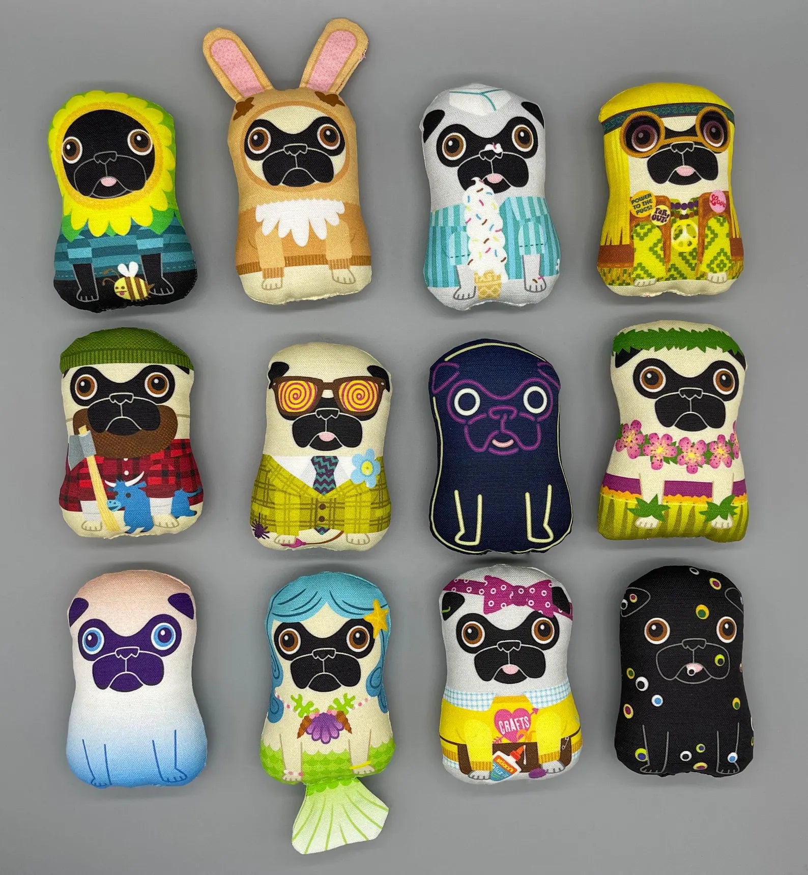 Nerfect Pug Surprise plush, blind-bagged, depicting a pocket-sized pug character with varied designs, crafted from linen and cotton canvas, stuffed with polyester.