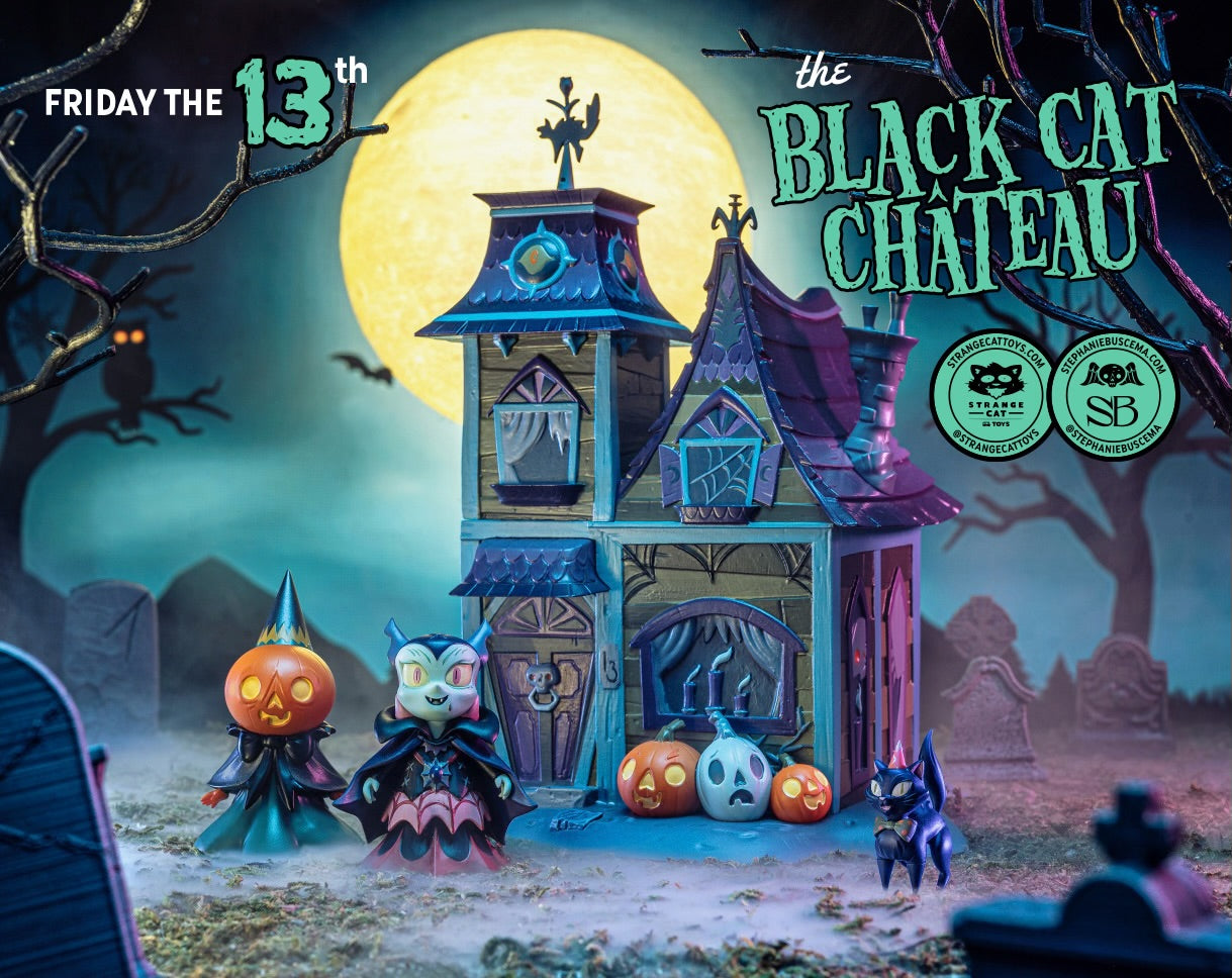 Black Cat Chateau by Stephanie Buscema featuring a toy house with pumpkins, a vampire, and a cartoon cat. Limited edition art toy set.
