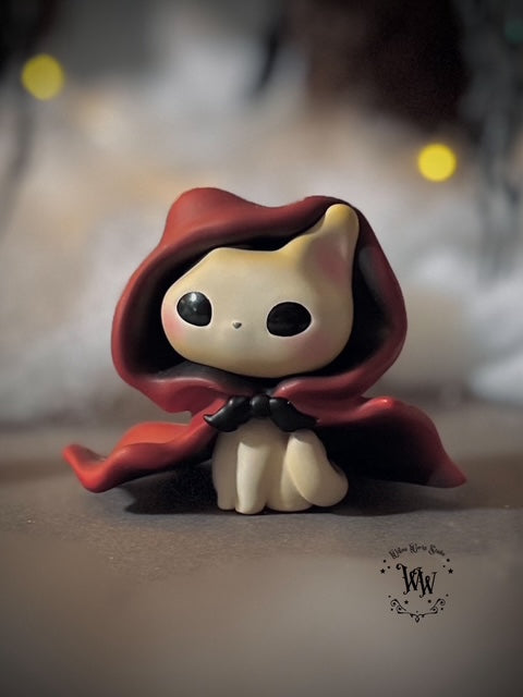 Red Riding Cat figurine by Willow Works, 3 tall, made of high-grade impact resin. Preorder for Q4 2025. Limited edition of 50 pieces.
