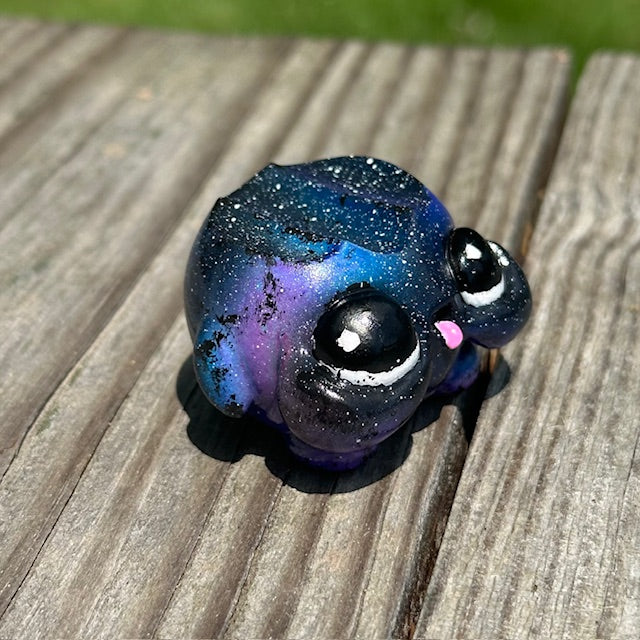 Little Shit Bigger Deal - Beasties Bites by Dear Beasties x Trash Panda, a 2.5 blue and purple animal figure on a wooden surface.