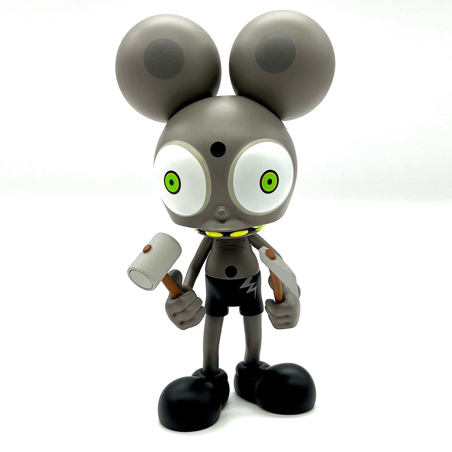 Space Monkey By Dalek Grey Hulk Edition vinyl toy, featuring a mouse-like figure with big eyes and a hammer. Limited edition, 7 inches, by UVD Toys.