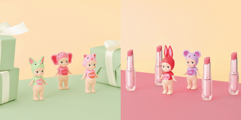 Sonny Angel Kiss Kiss Charm Mini Figure with lipstick accessory, ideal as a keychain or fashion item, featuring a cosmetic-themed design for a charming, romantic touch.