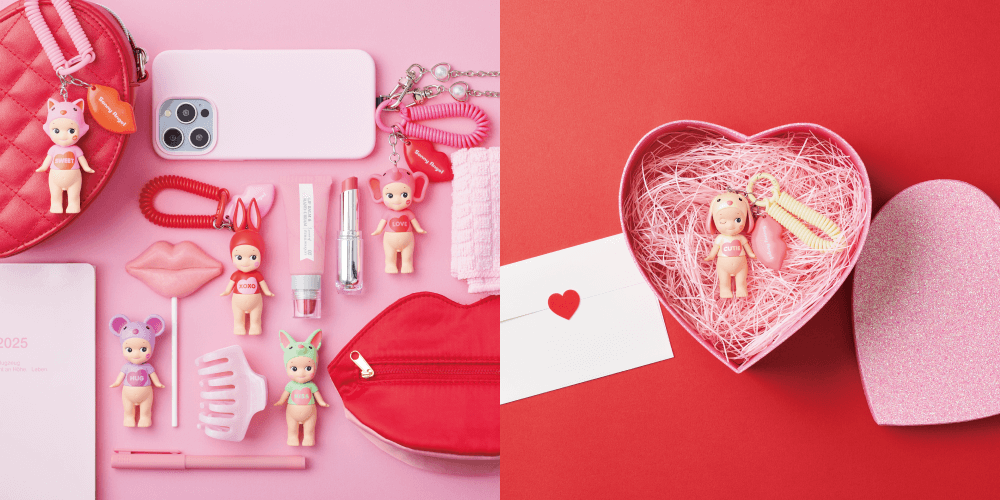 Sonny Angel Kiss Kiss Mini Figure Charm, a collectible keychain with removable lipstick-kiss charm, ideal as a fashion accessory or mini figure.