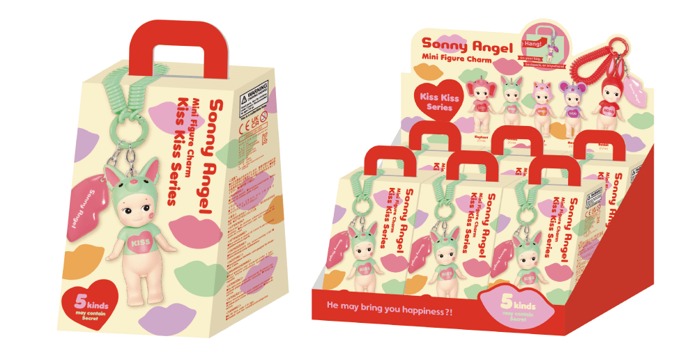 Sonny Angel Kiss Kiss Charm Minifigure displayed in a box, ideal as a keychain or accessory, featuring a lipstick-kiss design.