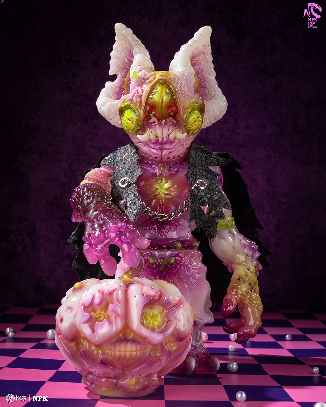 Collectible art-toy figure NPK · Poison Veil Ver. with horned, demon-like features and Jack o’ Lantern III, both in glossy, translucent style, available for preorder.