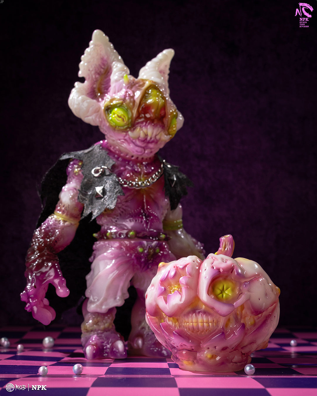 NPK · Poison Veil Ver. & Jack o’ Lantern III by KCB Toy: grotesque art figure with cape and pumpkin companion, available for preorder at Strangecat Toys.