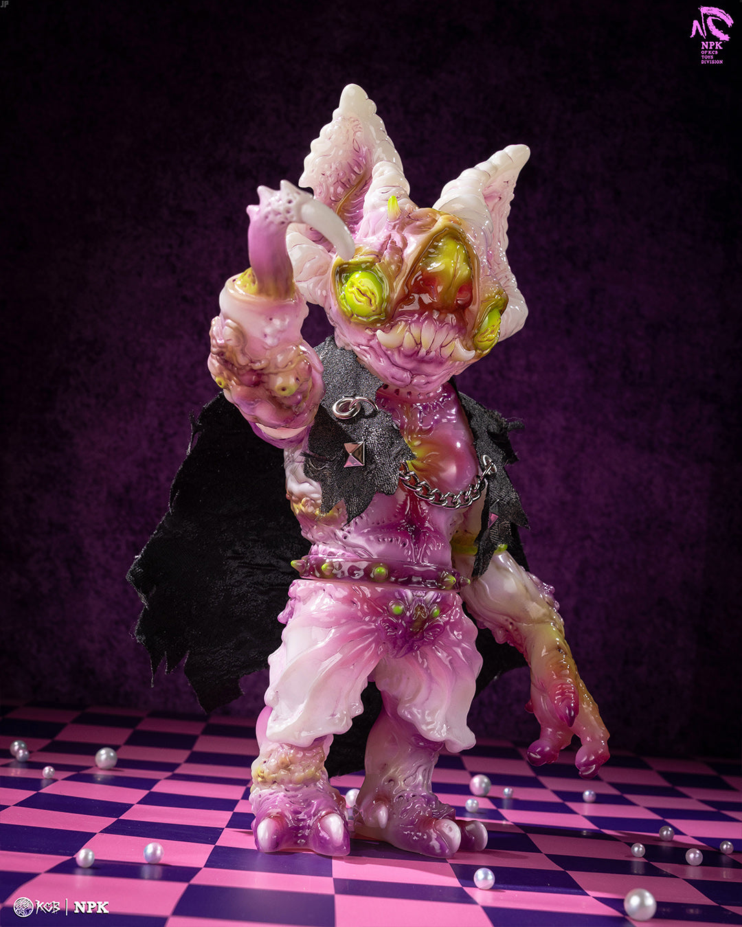 Collectible figurine NPK · Poison Veil Ver. & Jack o’ Lantern III by KCB Toy, featuring a grotesque humanoid design with bat-like features on a checkerboard floor.
