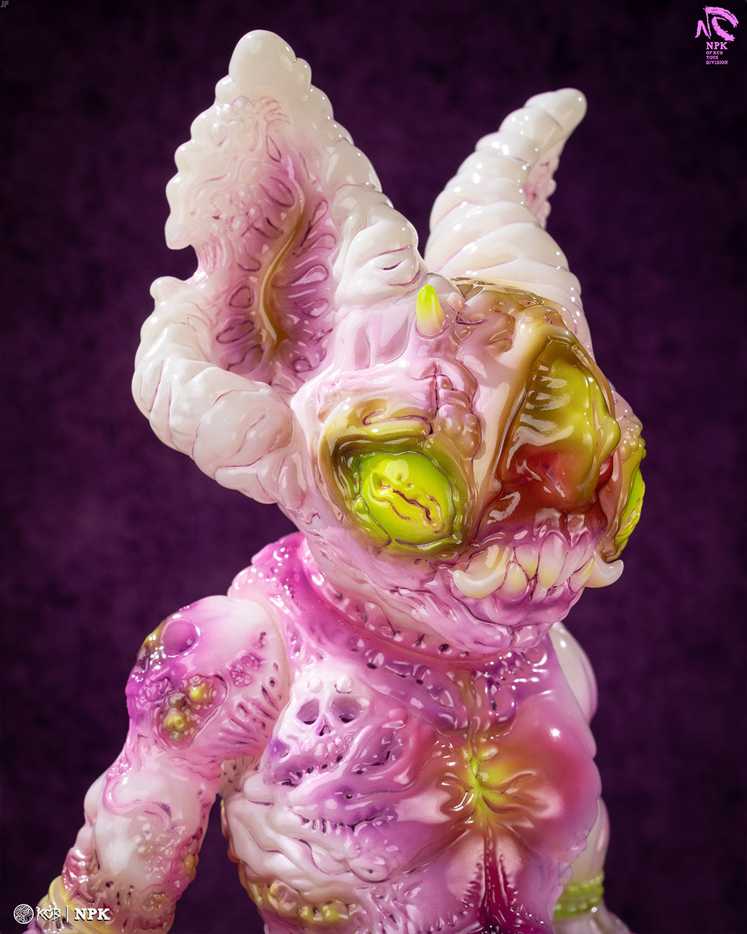 Designer sofubi art toy, “NPK · Poison Veil Ver. & Jack o’ Lantern III” by KCB Toy, featuring grotesque demon-like creature with bulging eyes and detailed, textured body.