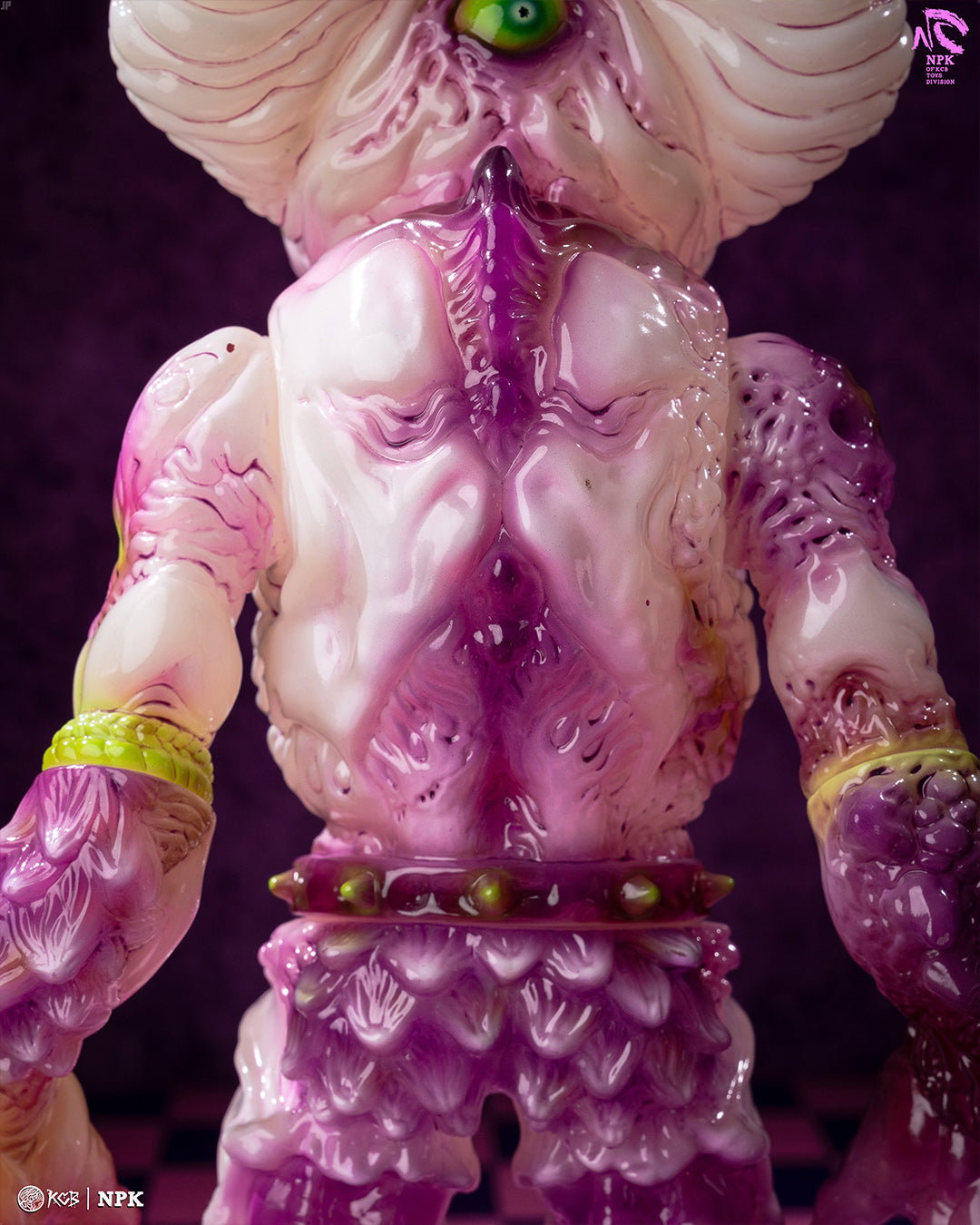 Close-up of NPK · Poison Veil Ver. & Jack o’ Lantern III sofubi figure, featuring textured scales and lime-green accents, available for preorder from Strangecat Toys.