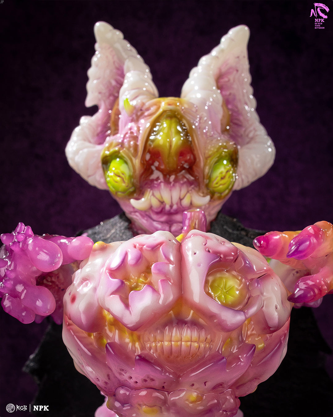 Translucent art-toy sculpture, NPK · Poison Veil Ver. & Jack o’ Lantern III by KCB Toy, features a two-headed monster with horned heads and sharp teeth, preorder available.
