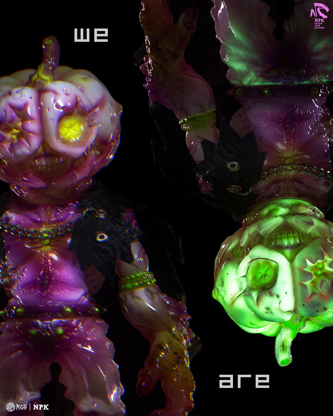 Art-toy figure NPK · Poison Veil Ver. & Jack o’ Lantern III features a translucent pumpkin-skull with a star eye, glowing resin body, preorder at Strangecat Toys.