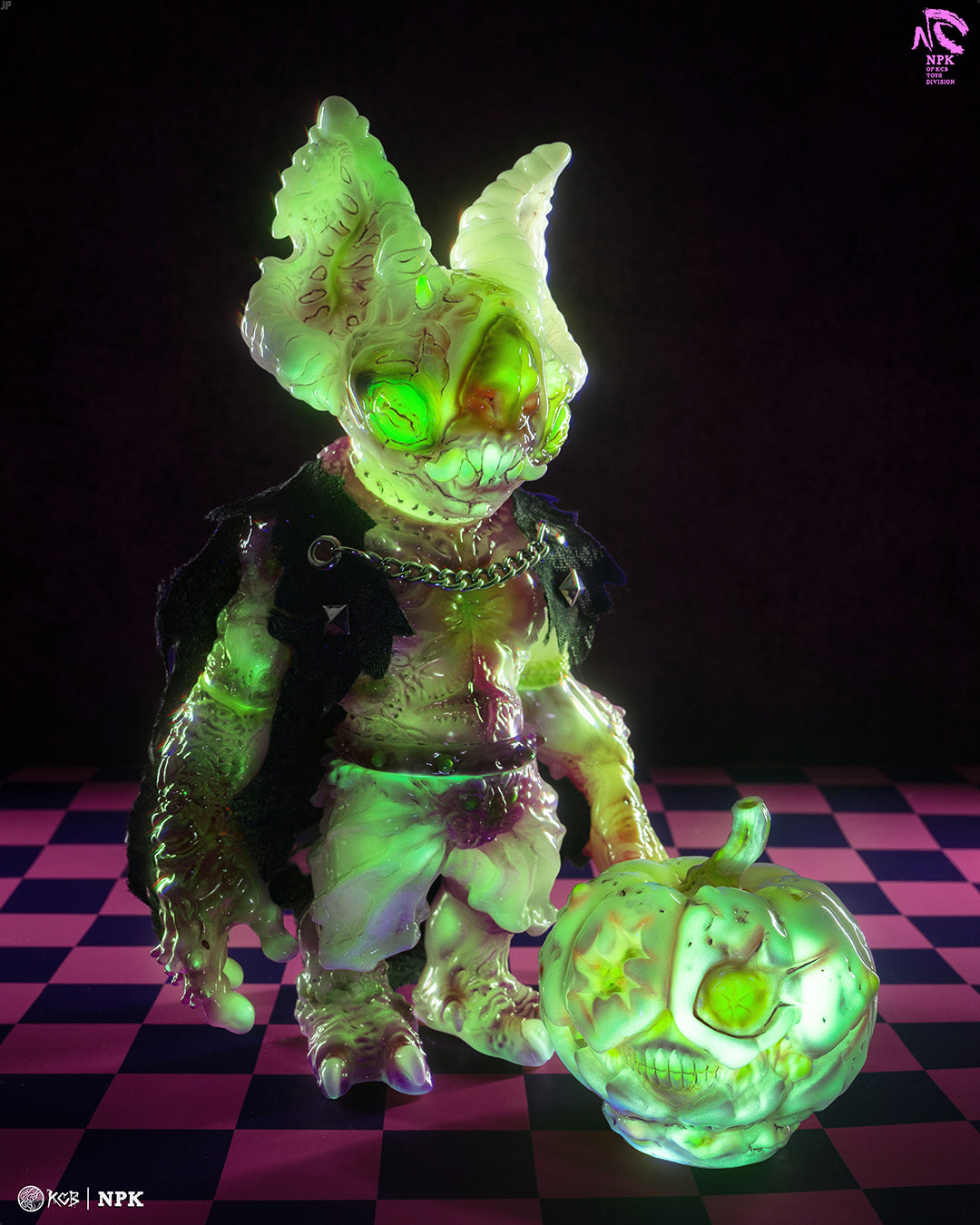 Stylized green art-toy figure, NPK · Poison Veil Ver. & Jack o’ Lantern III by KCB Toy, featuring glowing jack-o’-lantern, preorder available at Strangecat Toys.