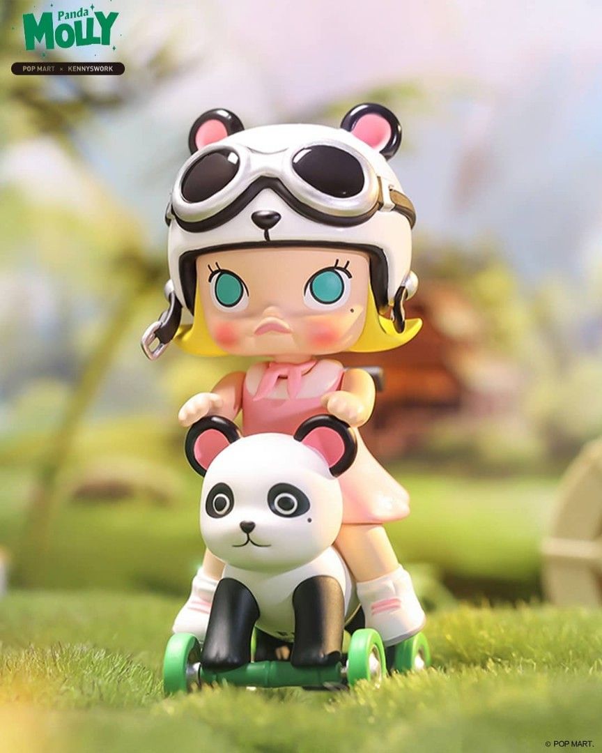 Panda Molly vinyl art toy, featuring a girl figure with teal eyes, wearing a panda helmet and dress, riding a panda scooter on grass.