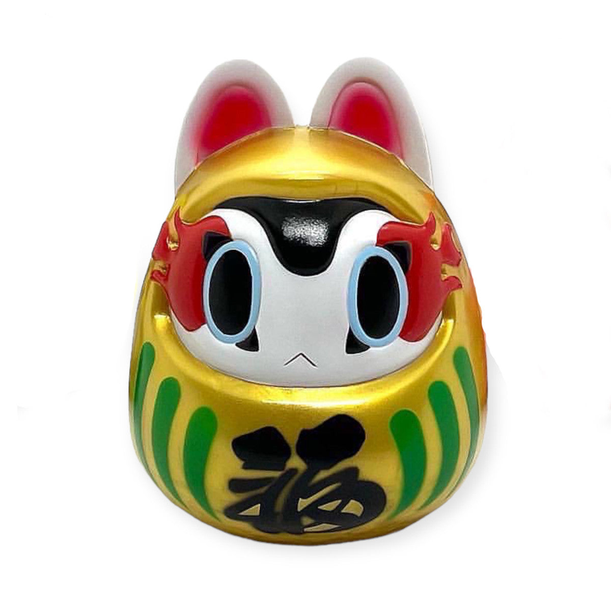 Folktoy Kaiju INUHARI-DARUMA “Gold” by Teresa Chiba; a 10cm sofubi figurine combining Daruma and maneki-neko, featuring 福 kanji for good fortune.