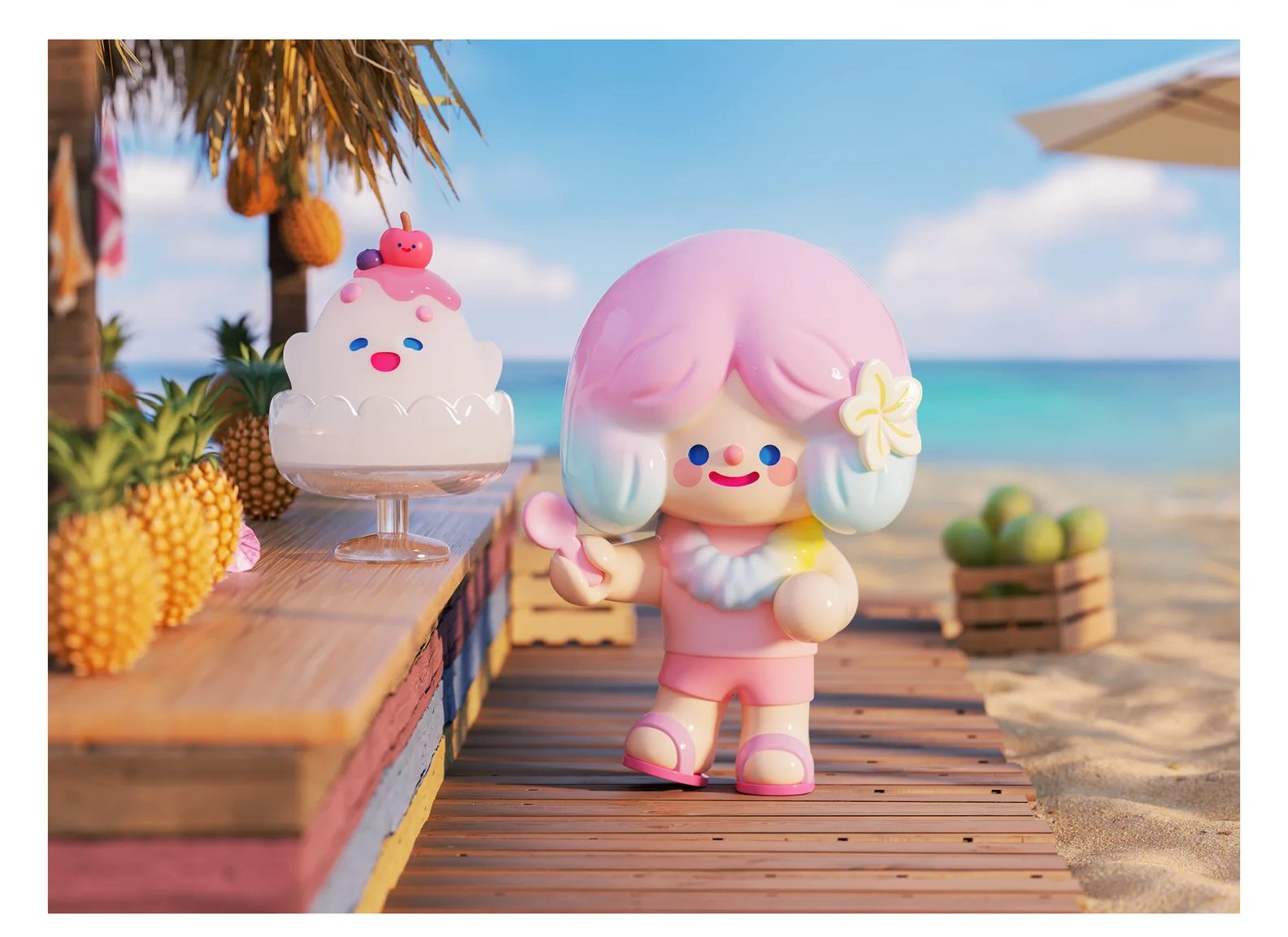 A toy doll with pink hair and a flower in her hair from RiCO HAPPY ISLAND Blind Box Series.