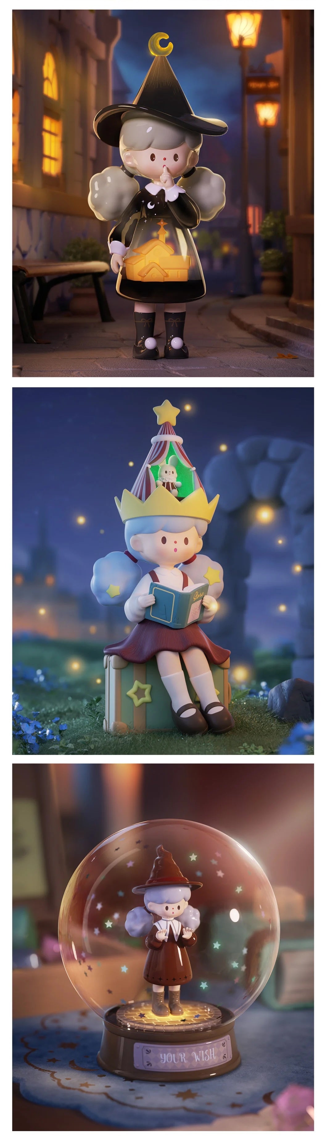 Molinta Chasing Light Series Blind Box features chibi girl in whimsical, magical scenes: witch, starry crown, snow-globe, with preorder for September 2025 shipment.
