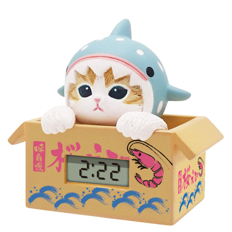 Mofusand Sea Creatures Cat Watch Gacha Series: Novelty digital clock in a shrimp-themed box, featuring a cat in a shark costume. Display shows 2:22.