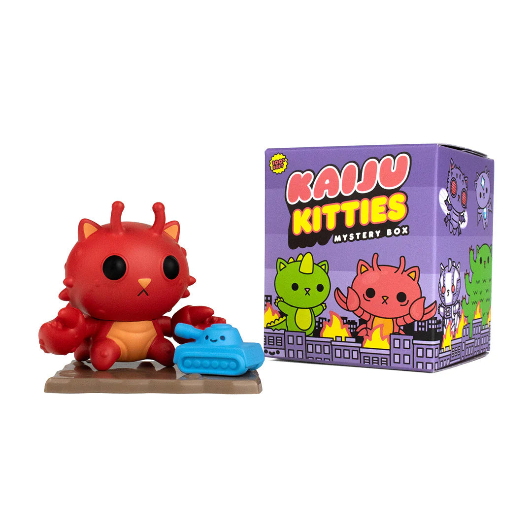 A blind box series: Kaiju Kitties Mystery Box Series 1 by 100% Soft - Preorder. Features 12 monster cat figures with battle platforms and tank or building accessories.