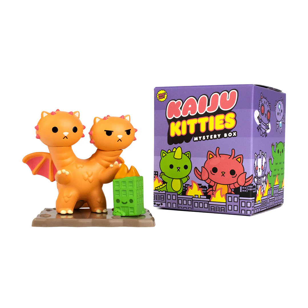 Kaiju Kitties Mystery Box Series 1 by 100% Soft - Preorder: Toy animal figures with faces, cartoon cat box, green toy, and cat illustrations. A blind box and art toy store.