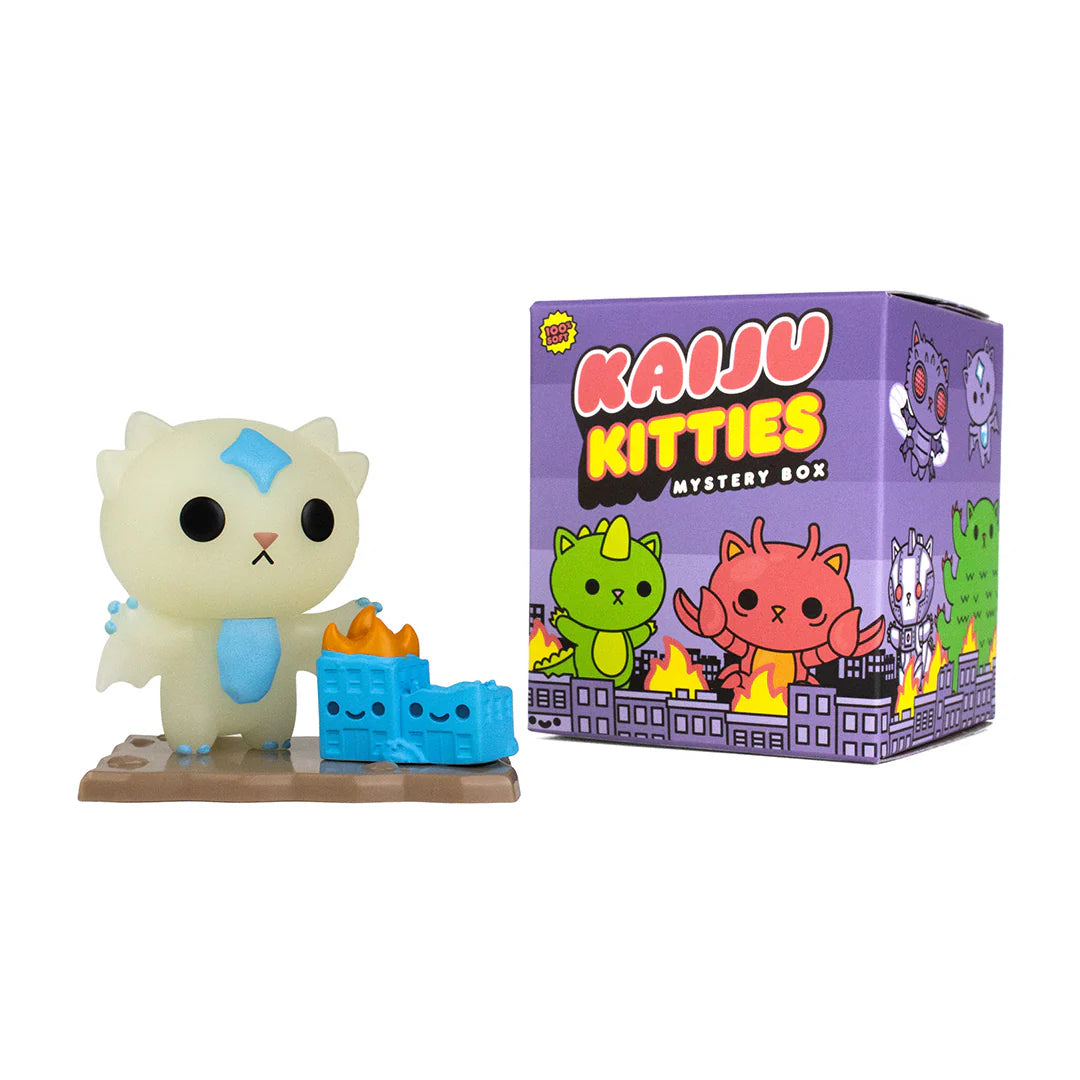 Kaiju Kitties Mystery Box Series 1 by 100% Soft - Preorder: Cuddly monster cat figures with battle platforms and tank or fiery building accessories. Blind box and art toy store Strangecat Toys.