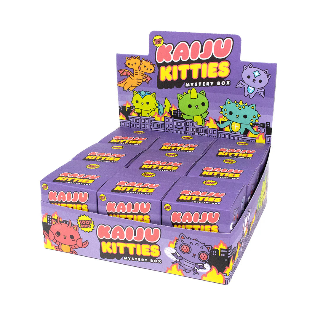 Kaiju Kitties Mystery Box Series 1 by 100% Soft - Preorder: A box of monster cat figures with battle platforms and accessories, including chasers. From Strangecat Toys, a blind box and art toy store.