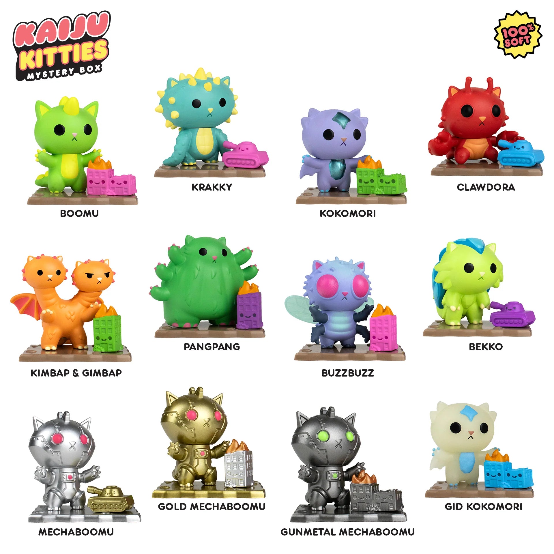 Kaiju Kitties Mystery Box Series 1 by 100% Soft - Preorder: A group of monster cat toys with unique features like arms out, wings, and a unicorn horn, each with battle platforms and accessories.