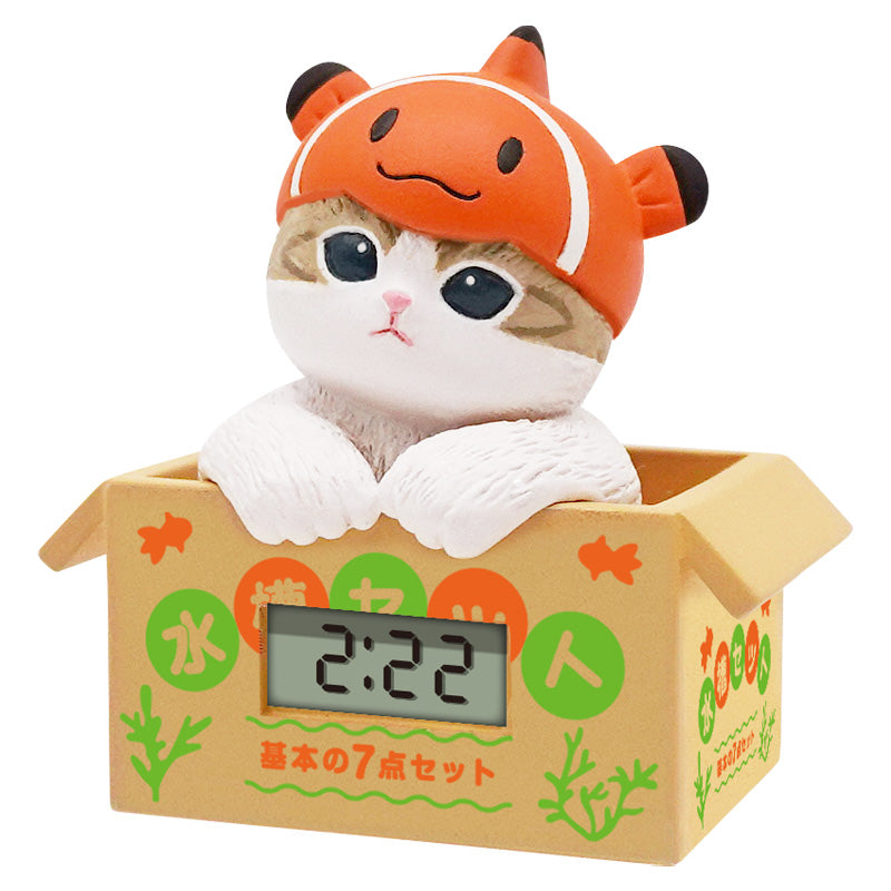 Mofusand Sea Creatures Cat Watch Gacha Series: Cat-shaped alarm clock in fish hat, digital time display in a decorative box with Japanese text.