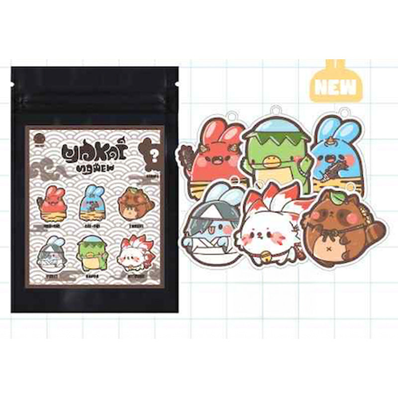 Ngaew Yokai Mystery Acrylic Keychain featuring six chibi-style yokai characters, including bunnies, kappa, fox, and tanuki, each with a loop for attachment.