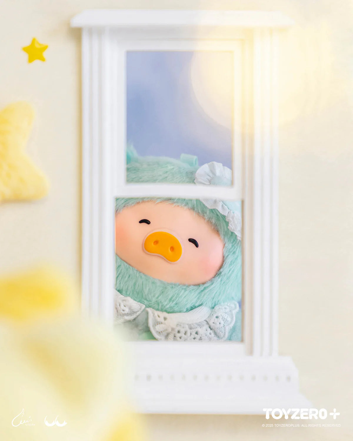 LuLu the Piggy keychain peeks through a window, adorned with a lacy collar and bonnet, embodying the whimsical charm of Strangecat Toys.