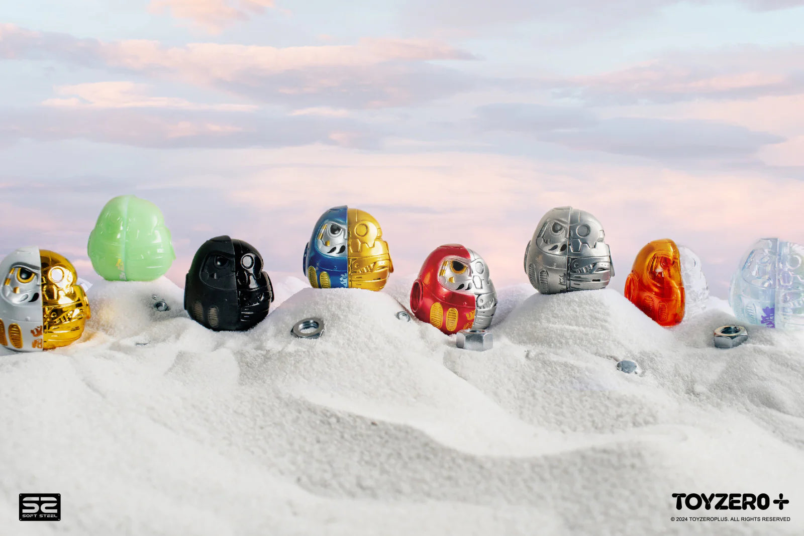 Soft Steel - Iron Daruma Mini Vol.1 Blind Box Series: Toys in snow, robots, brain-shaped toy, and mask close-up.