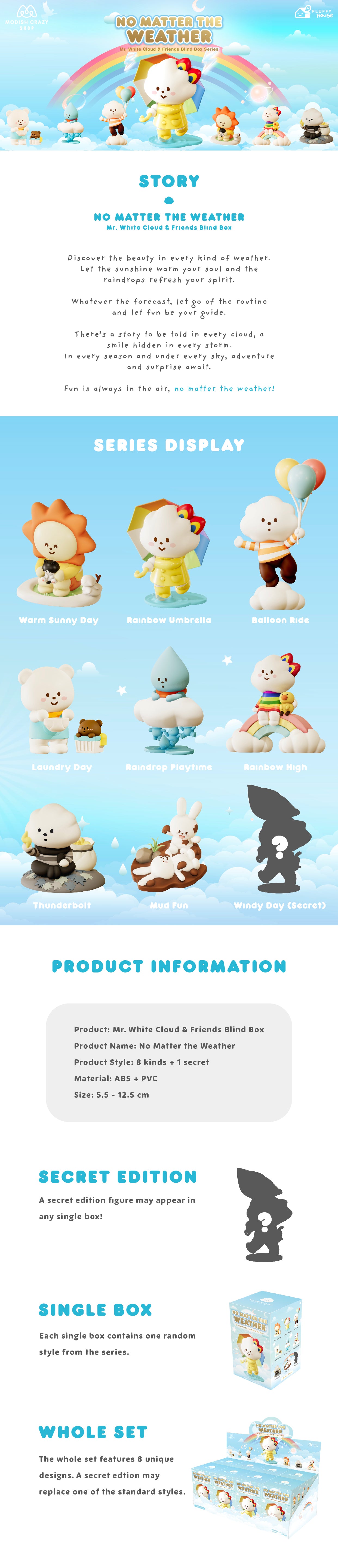 Mr. White Cloud & Friends-No Matter The Weather Series Blind Box, featuring 8 collectible figures inspired by diverse weather themes, perfect for art toy enthusiasts.