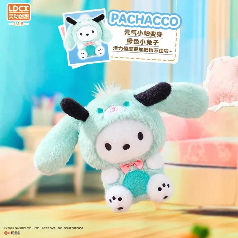 Pochacco plush in mint-green bunny outfit with floppy ears, part of Overjoyed - Sanrio Family Plush Blind Box, preorder available at Strangecat Toys.