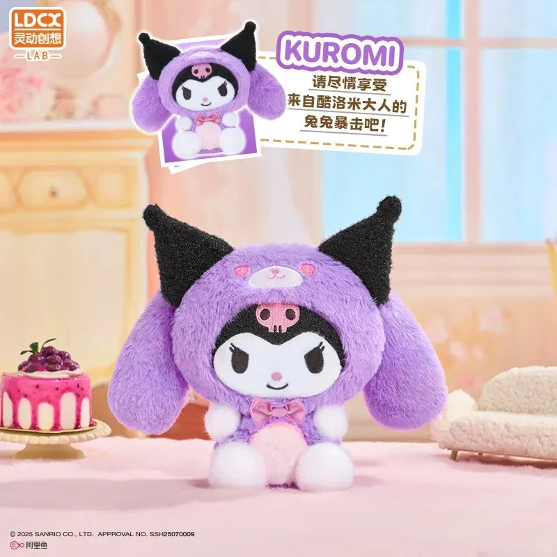 Sanrio Kuromi plush in a purple-bunny hood, part of Overjoyed - Sanrio Family Plush Blind Box, styled in a cute scene with cake prop.