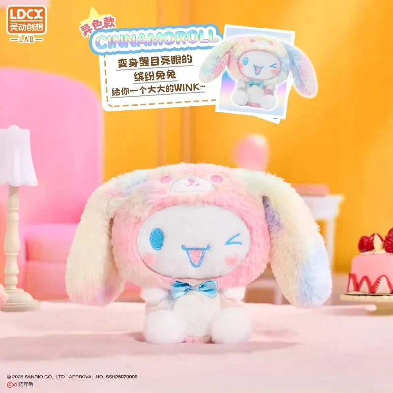 Overjoyed - Sanrio Family Plush Blind Box: Cinnamoroll plush with bunny ears, winking, featuring a blue bow tie, set in a whimsical, soft-pink background.