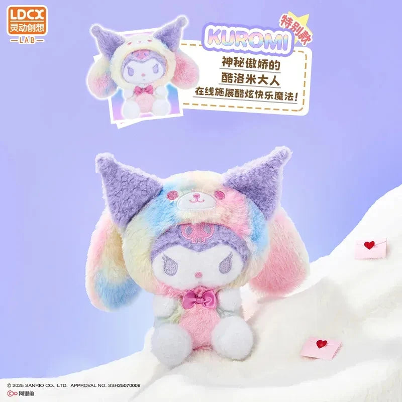 Overjoyed - Sanrio Family Plush Blind Box featuring a pastel Kuromi plush with floppy ears and skull motif, set against a lavender backdrop with heart envelopes.