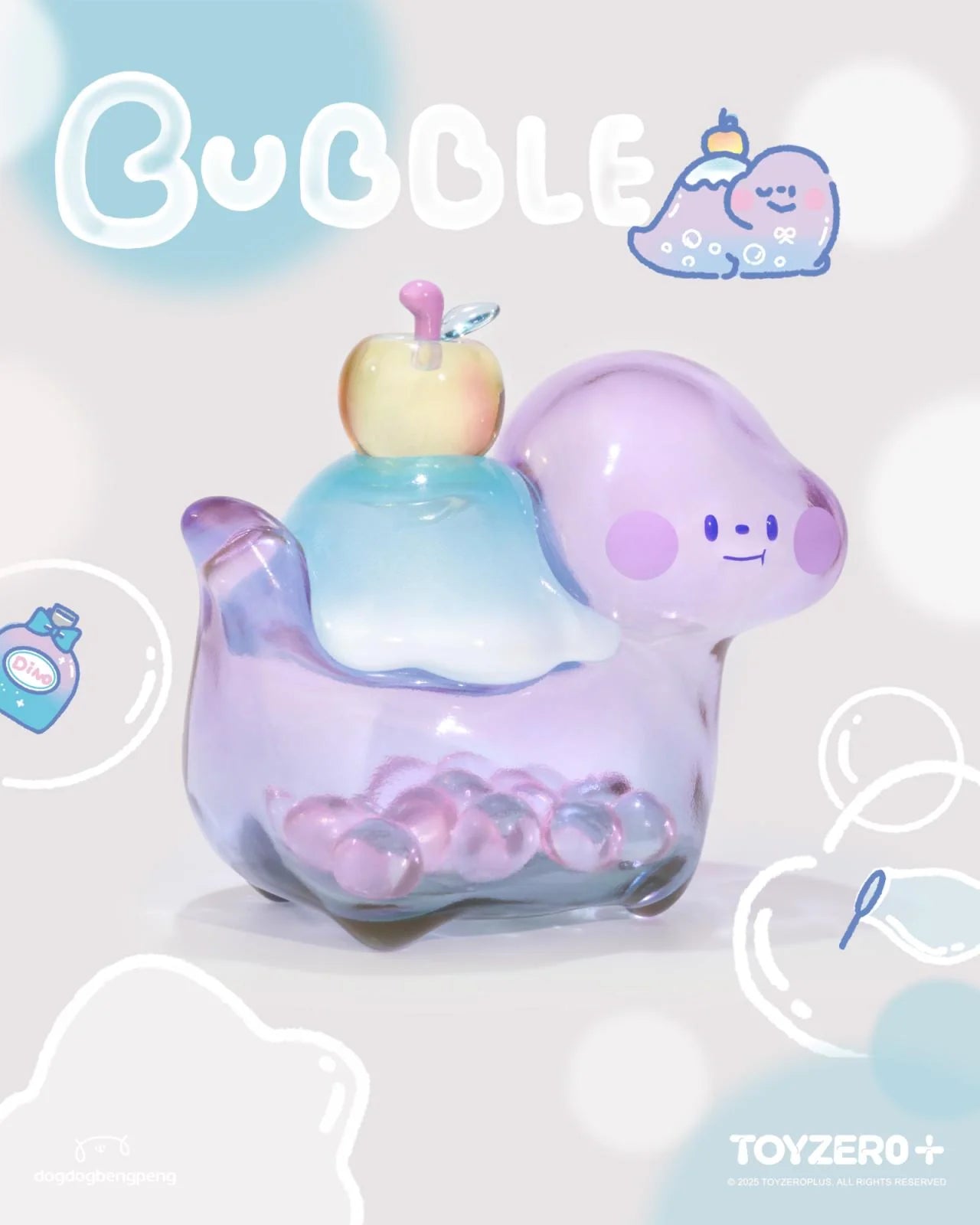 Foodie Dinosaur - Mini Fuji Perfume Bubble, a translucent art-toy by TOYZERO+, features pastel gradients, a boba-filled belly, and a tiny apple cap.