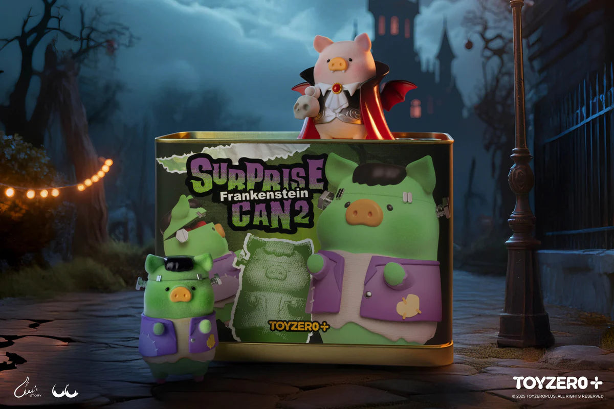 LuLu The Piggy - Surprise can 2 (Terror Castle) features whimsical pig figures dressed as Frankenstein and a vampire, set in a playful Halloween-themed scene.