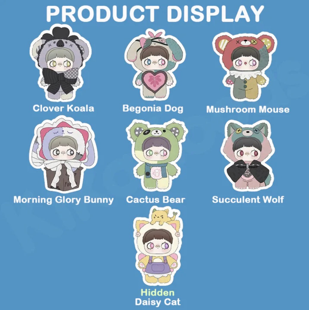 MayMei Symbiote Neverland Series Vinyl Keychain Plush Blind Box featuring seven chibi characters in plant-themed animal costumes, including a hidden Daisy Cat design.