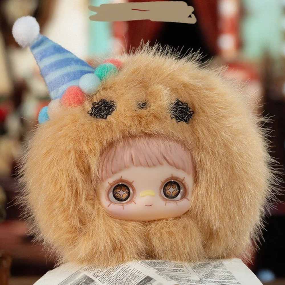 MayMei Crazy Circus Series Plush Keychain Blind Box features a doll with a faux-fur hood, button eyes, and party hat, resting on a newspaper.