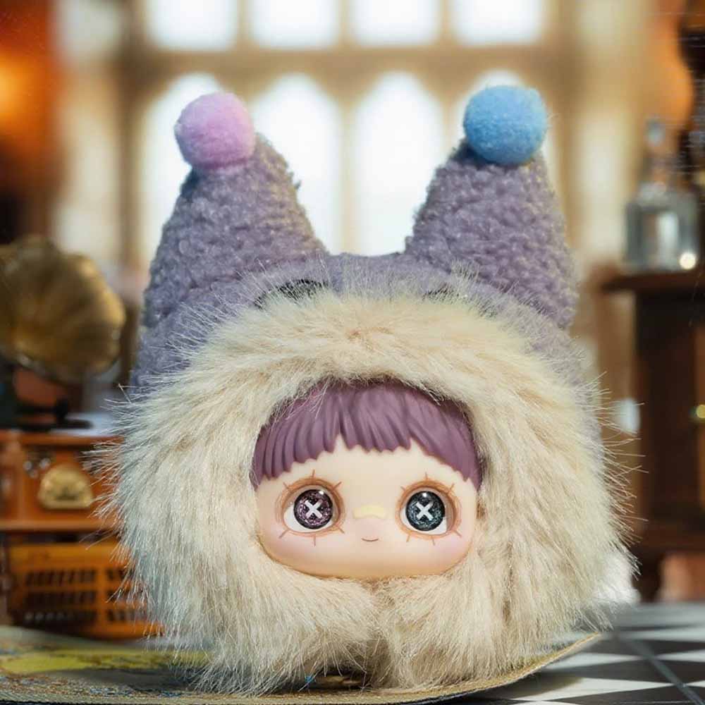 MayMei Crazy Circus Series Plush Keychain Blind Box features a round-headed doll with button eyes, fluffy hood, and pastel pom-pom tipped ears.