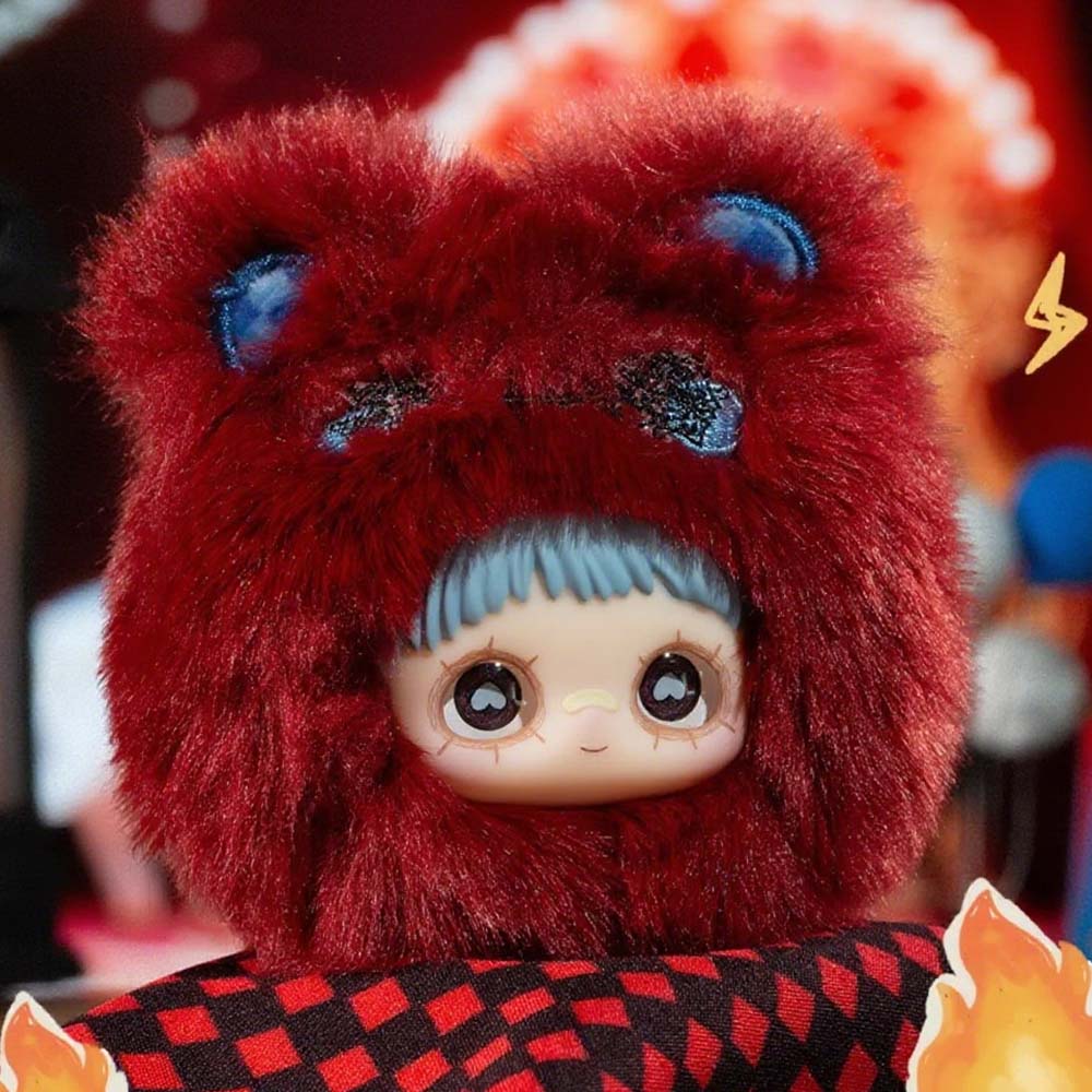 MayMei Crazy Circus Series Plush Keychain Blind Box doll with bear hood and checkered fabric, featuring big eyes and smile.