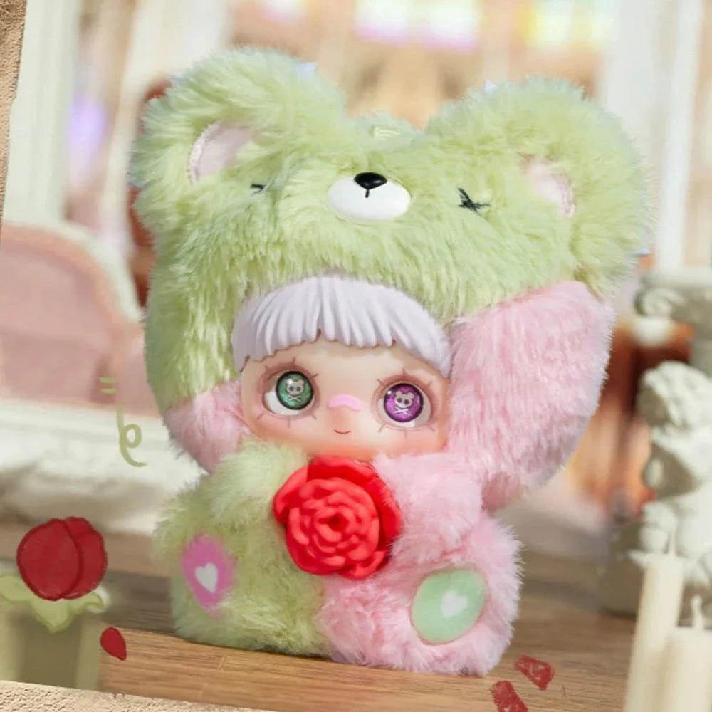 MayMei May I Love You Plush Keychain Blind Box features a cutesy doll in a fuzzy bear suit holding a red rose, perfect for collectors.