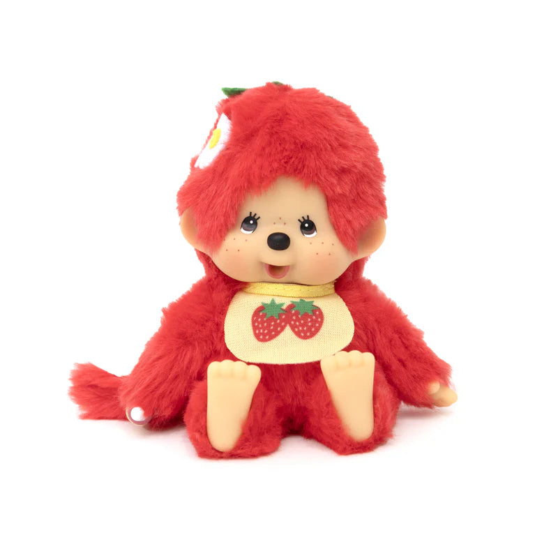 Monchhichi Fruit Beanies Plush, a 5.5 doll with bright fur, plastic face, strawberry-themed bib, and hair motif.