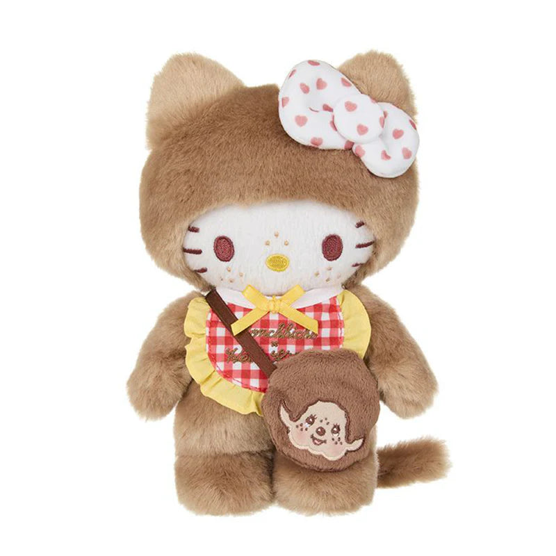 Hello Kitty x Monchhichi HK as MCC Gingham Check Plush, featuring Hello Kitty in a brown cat costume with gingham dress, heart bow, and cross-body purse.