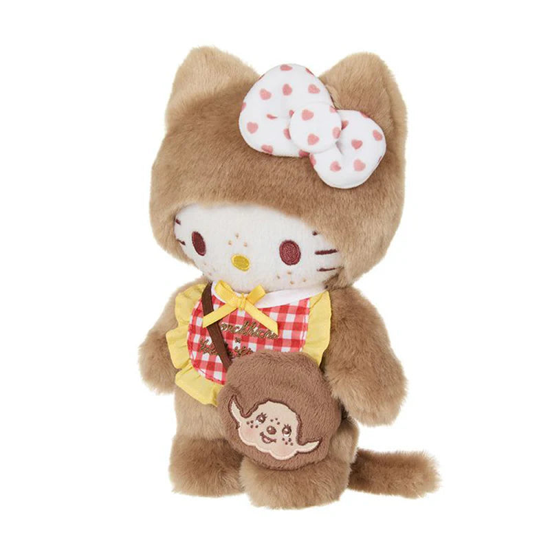 Hello Kitty in a brown cat suit with gingham top, yellow bow, and a Monchhichi-themed purse.