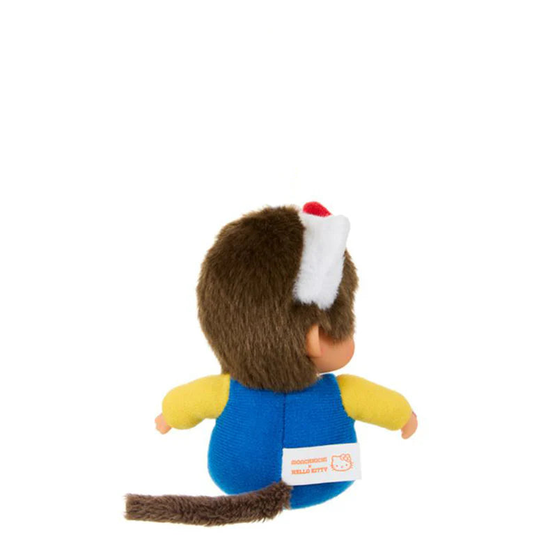 Hello Kitty x Monchhichi Big Head Plush Keychain, featuring a monkey doll in a blue outfit with a white headband, displaying collaboration tag at the base.
