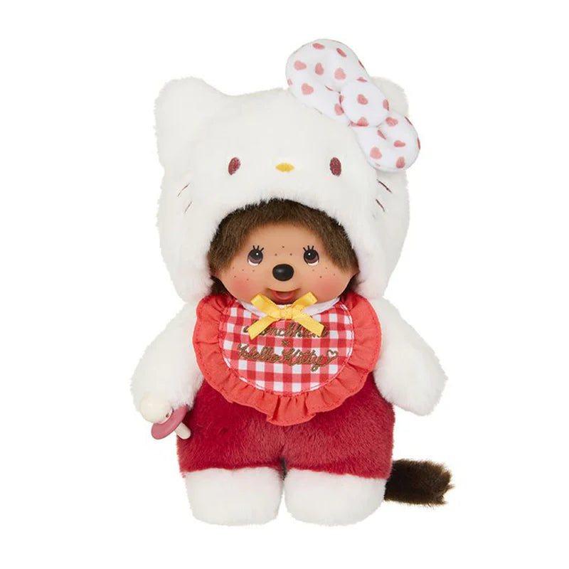 Hello Kitty x Monchhichi Gingham Check Plush: A 4.7 soft toy with a monkey face, Hello Kitty hood, gingham bib, and plush overalls.