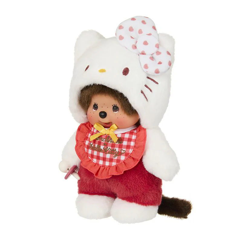 Hello Kitty x Monchhichi Gingham Check Plush, a 4.7 doll in a Hello Kitty outfit with red overalls and a pacifier.