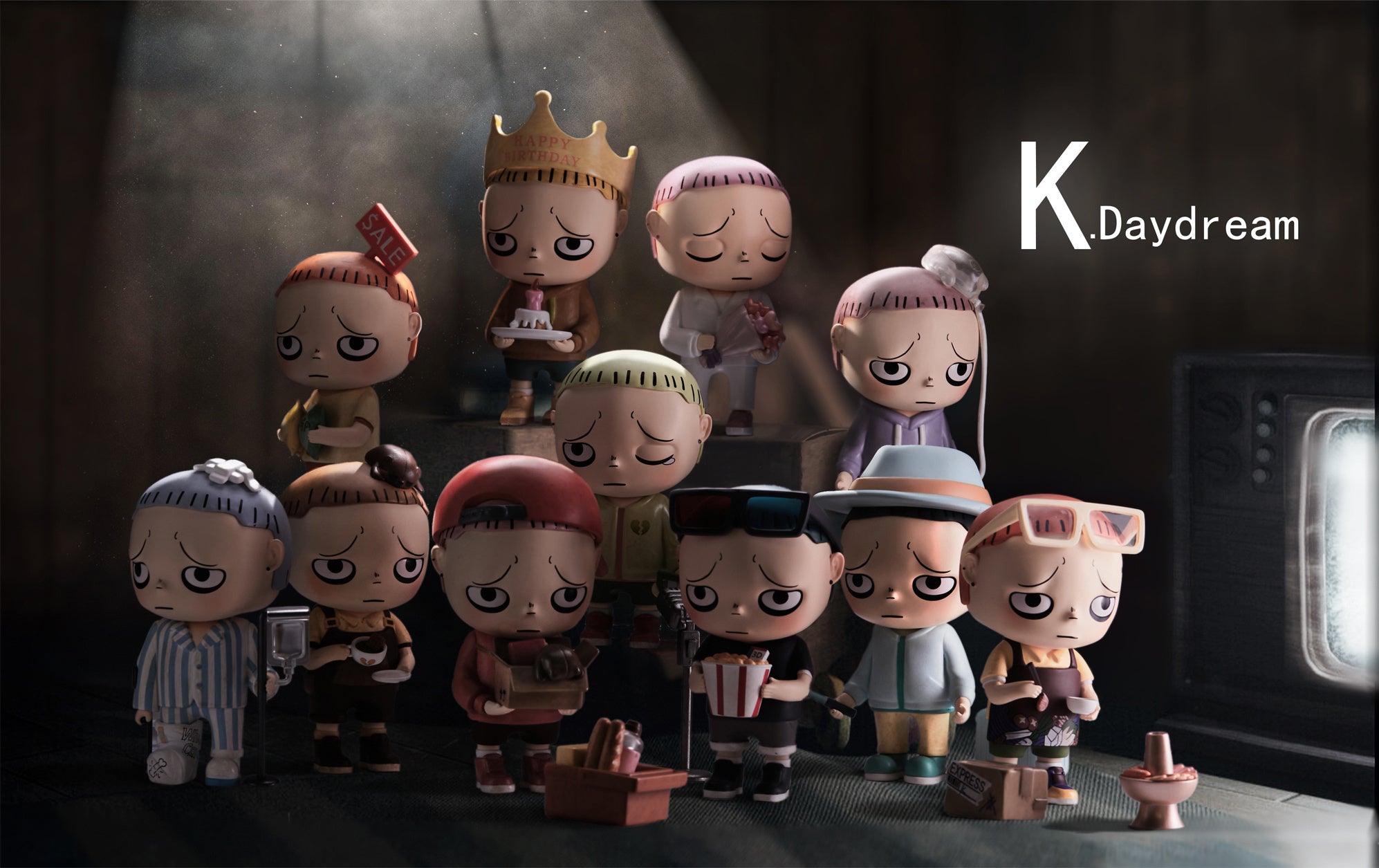K.Daydream Loneliness Level Report Blind Box Series: Cartoon characters and figurines with various expressions and objects.