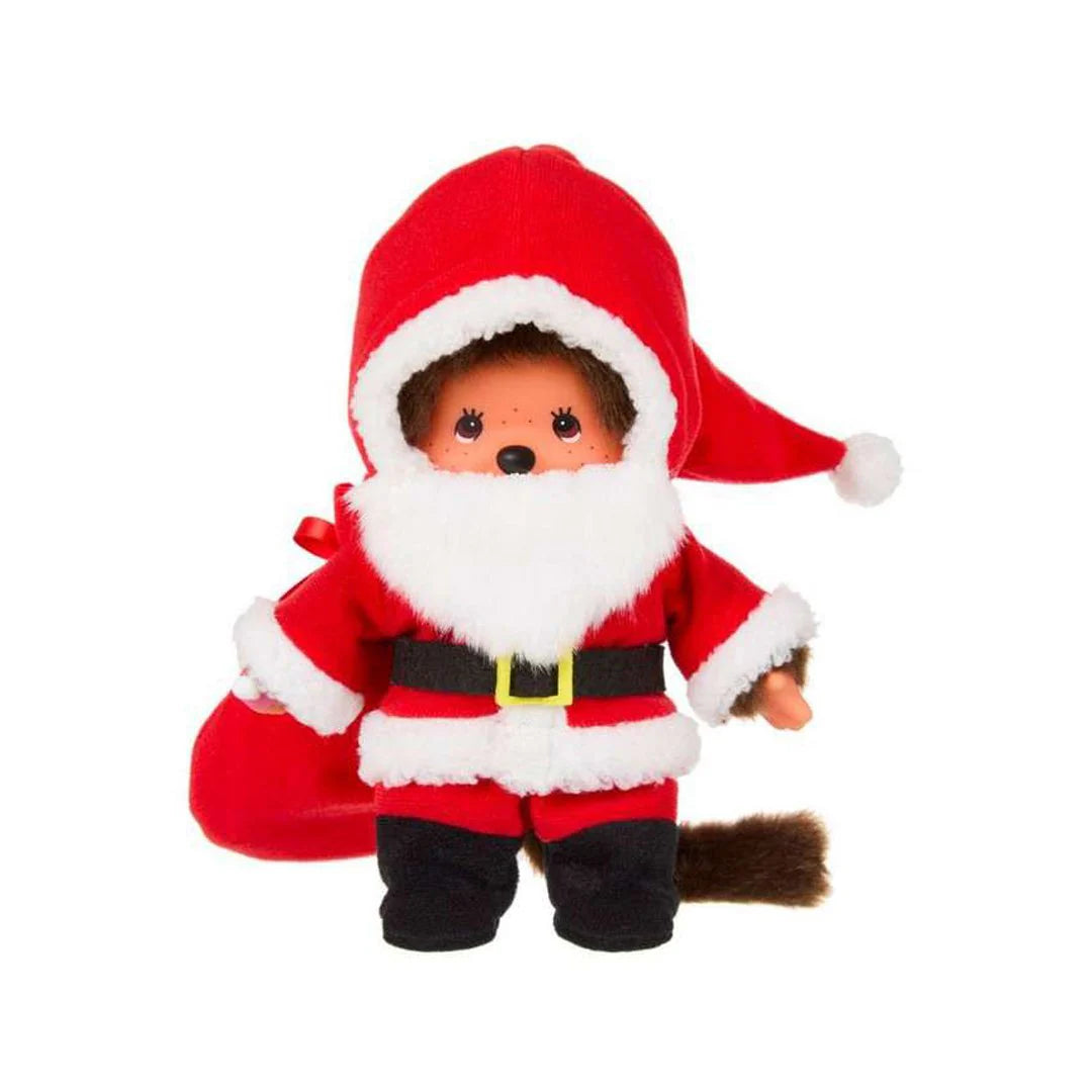 Monchhichi Boy as Santa Claus Plush Toy in a detailed Santa outfit, with signature thumb-sucking pose, perfect for holiday display or gifting.